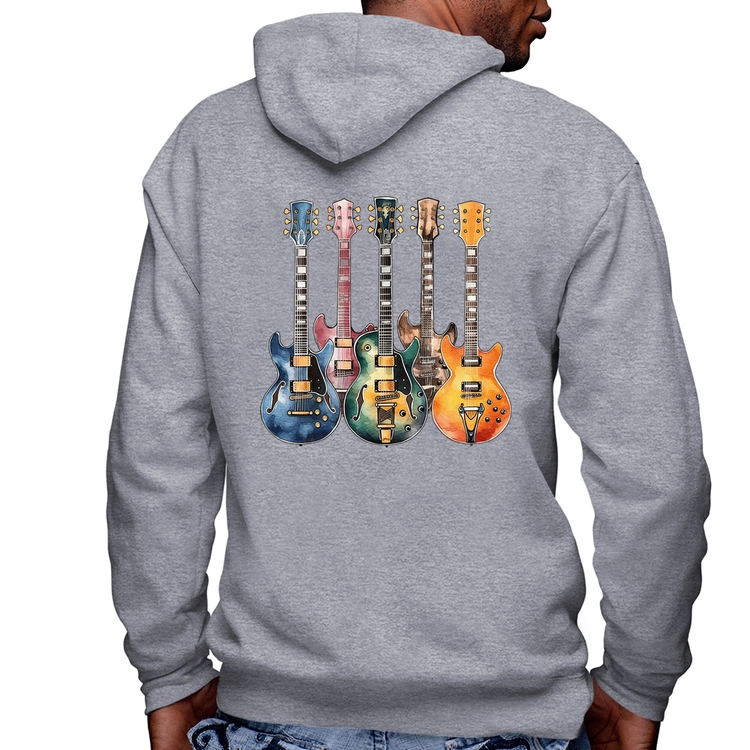 Blusa Moletom Guitarras Watercolor Art Masculina com Capuz e Zíper - Mescla