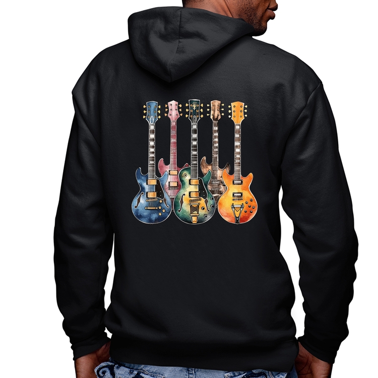 Blusa Moletom Guitarras Watercolor Art Masculina com Capuz e Zíper