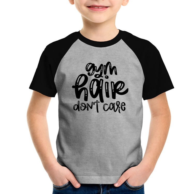 Camiseta Raglan Infantil Gym Hair Don't Care - Cinza/Preto
