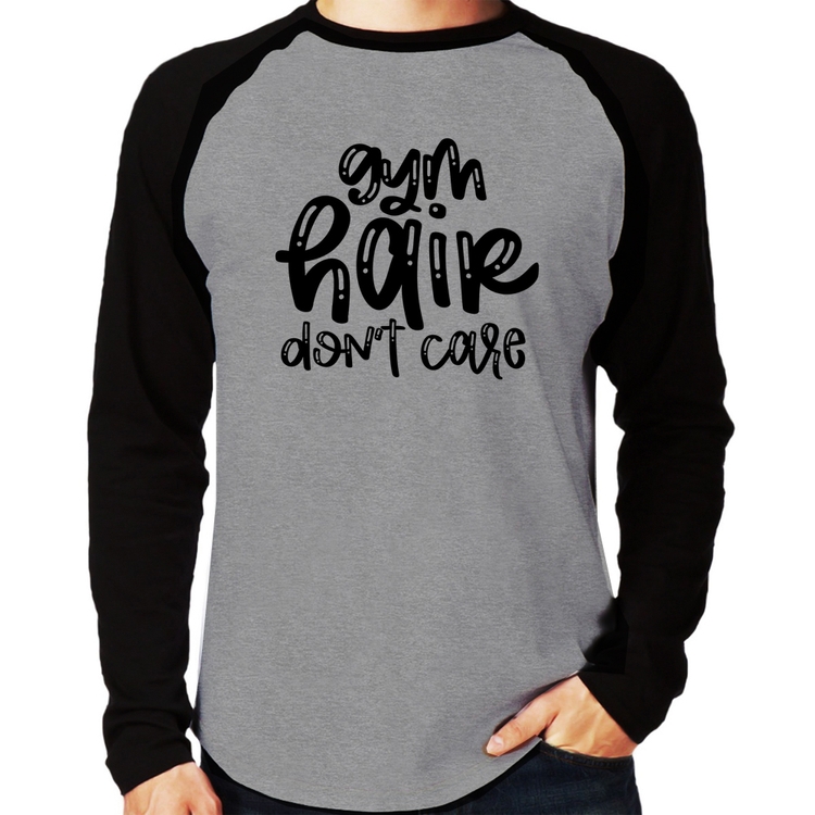 Camiseta Raglan Gym Hair Don't Care Manga Longa - Cinza/Preto