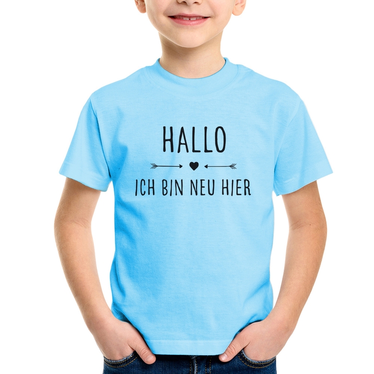 Camiseta Infantil Hallo, Ich Bin Neu Hier - Azul Bebê