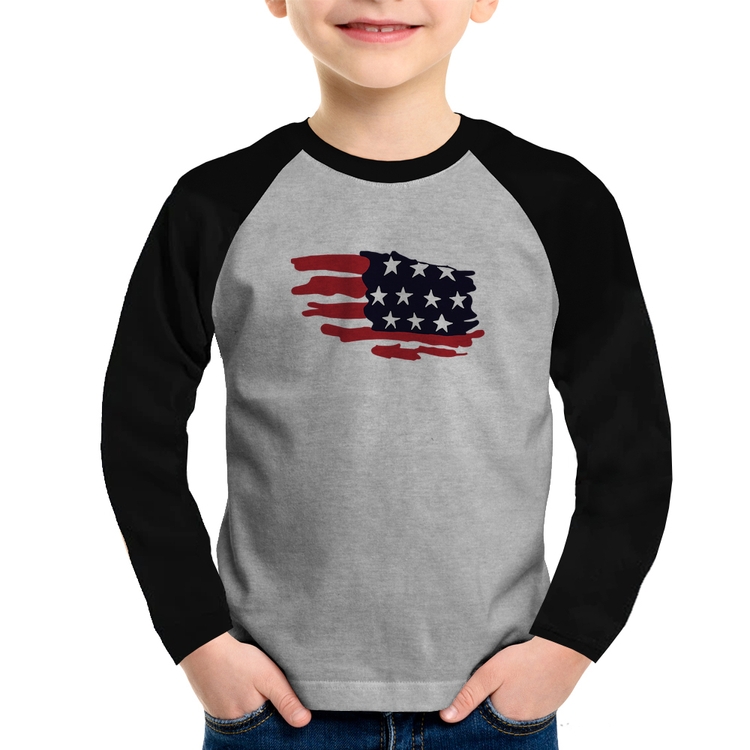 Camiseta Raglan Infantil Handrawn Flag Manga Longa - Cinza/Preto
