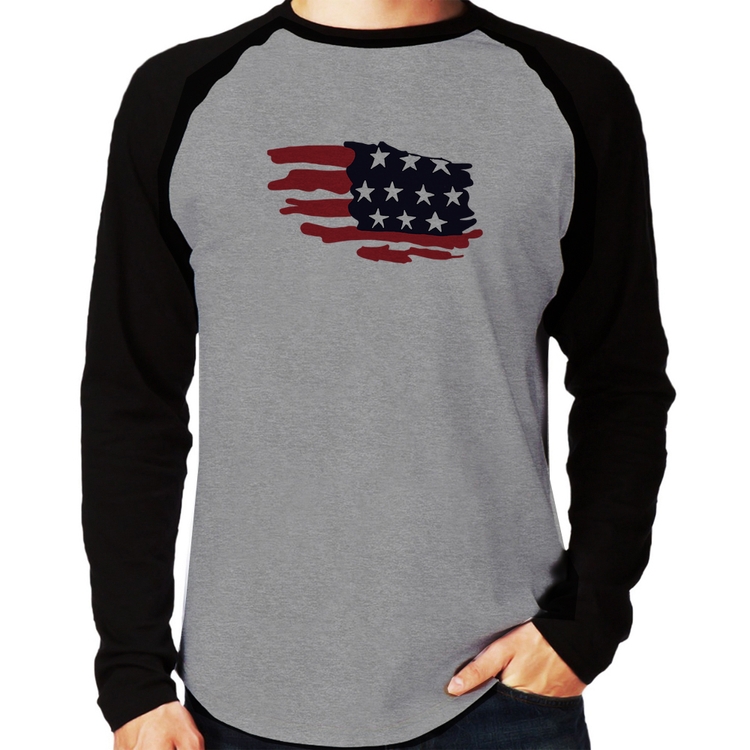 Camiseta Raglan Handrawn Flag Manga Longa - Cinza/Preto