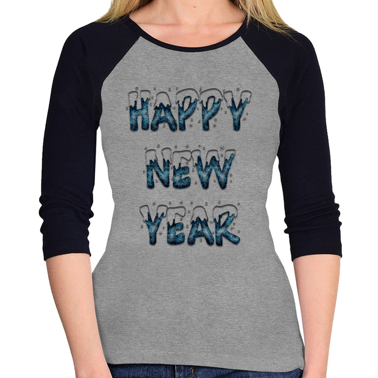 Baby Look Raglan Happy New Year Manga 3/4 - Cinza/Preto