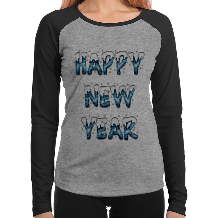 Baby Look Raglan Happy New Year Manga Longa - Cinza/Preto