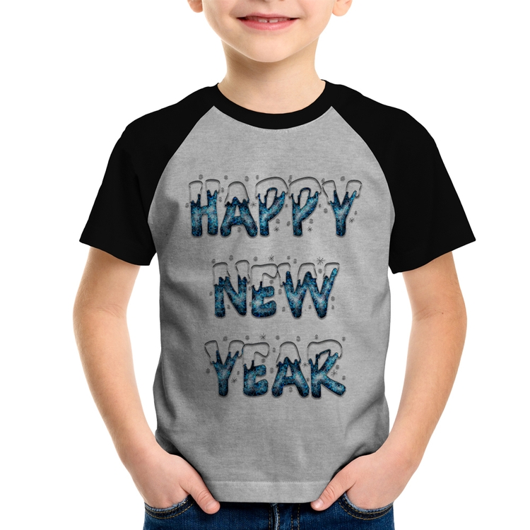 Camiseta Raglan Infantil Happy New Year - Cinza/Preto