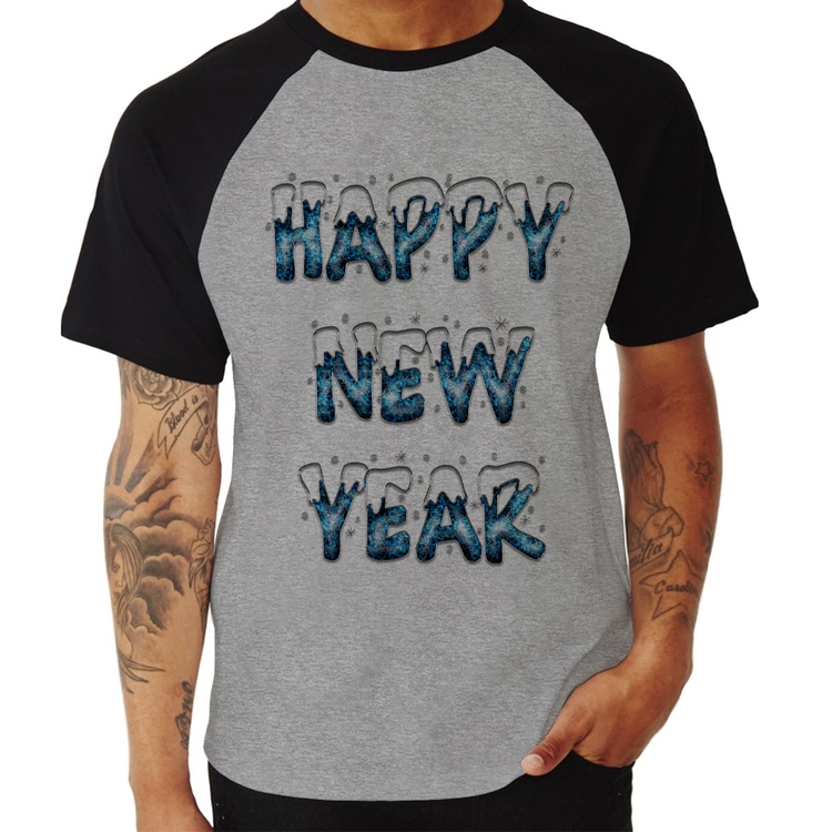 Camiseta Raglan Happy New Year - Cinza/Preto
