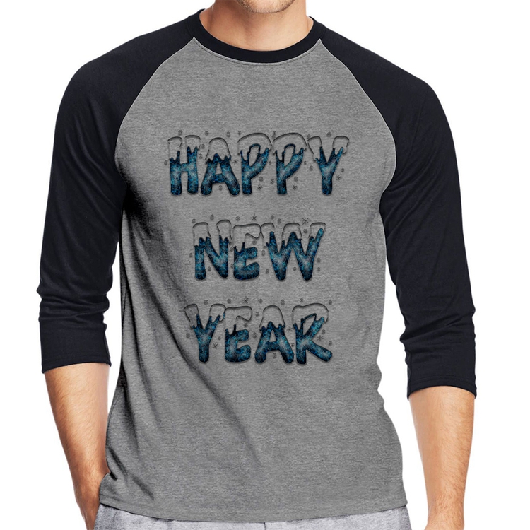 Camiseta Raglan Happy New Year Manga 3/4 - Cinza/Preto