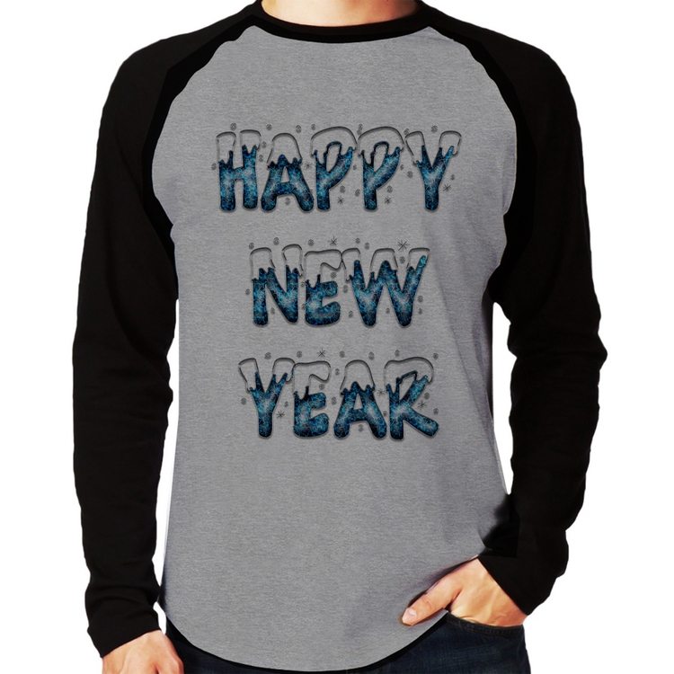 Camiseta Raglan Happy New Year Manga Longa - Cinza/Preto