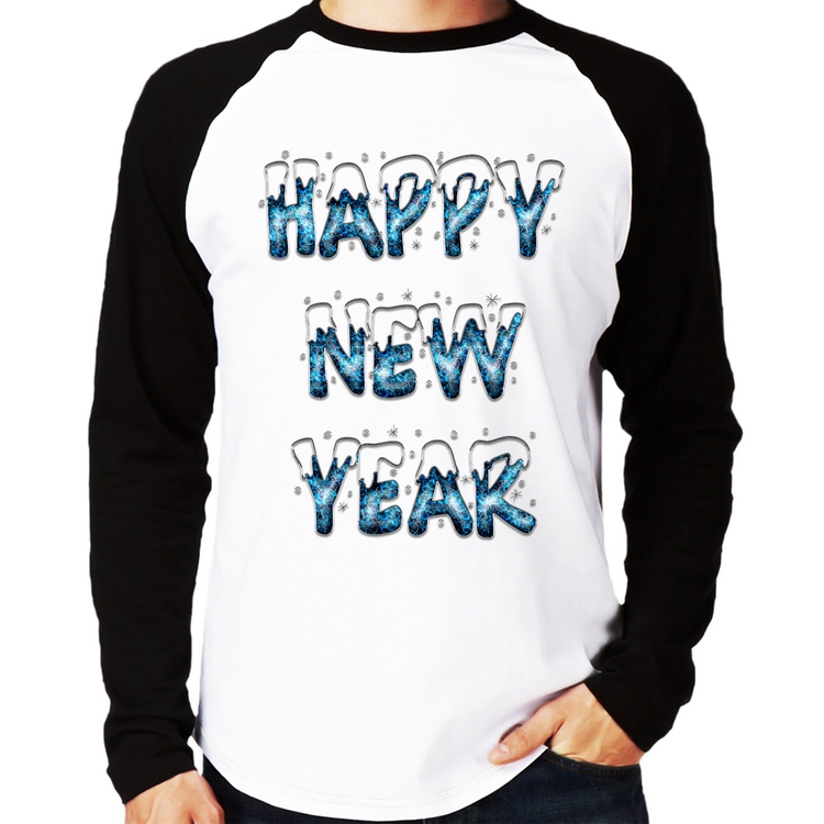 Camiseta Raglan Happy New Year Manga Longa