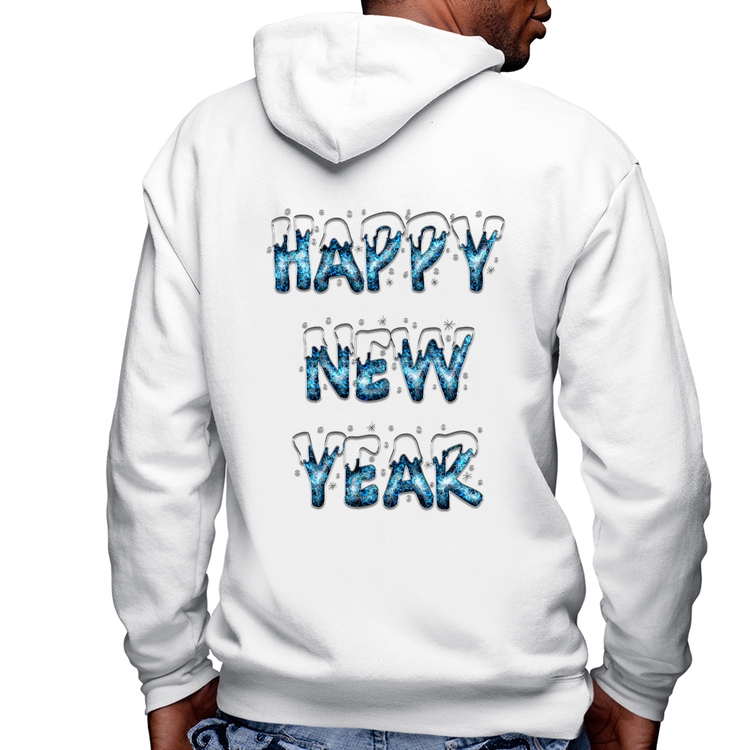 Blusa Moletom Happy New Year Masculina com Capuz e Zíper - Branca