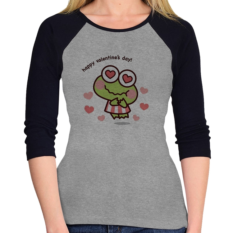 Baby Look Raglan Happy Valentine's Day Manga 3/4 - Cinza/Preto