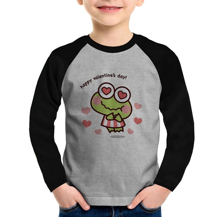 Camiseta Raglan Infantil Happy Valentine's Day Manga Longa - Cinza/Preto