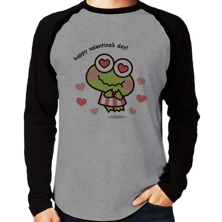 Camiseta Raglan Happy Valentine's Day Manga Longa - Cinza/Preto