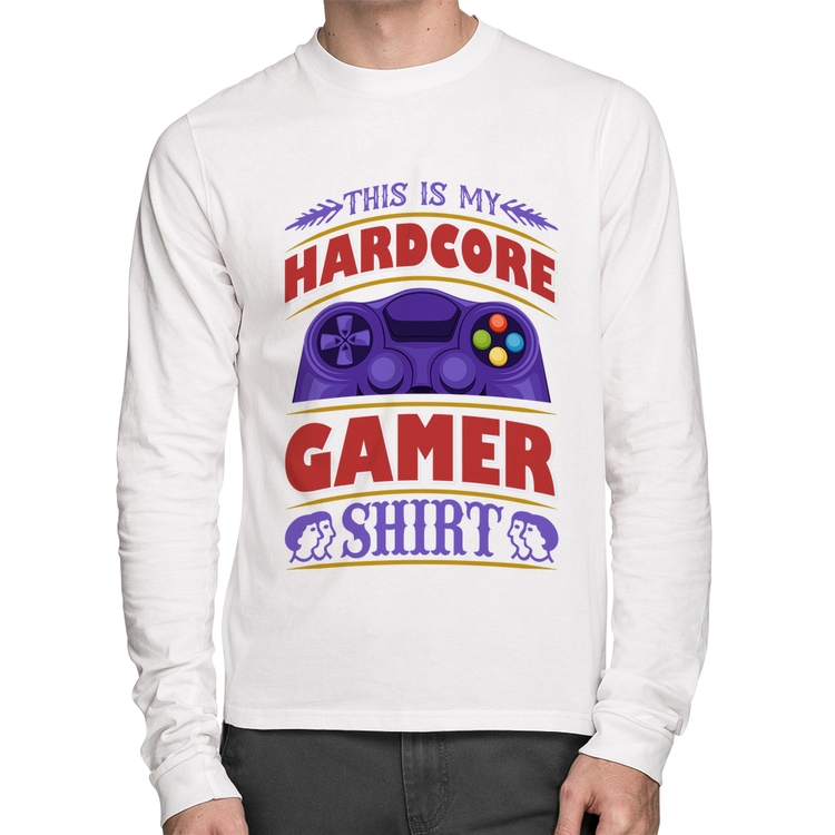 Camiseta Algodão Hardcore Gamer Manga Longa - Branca