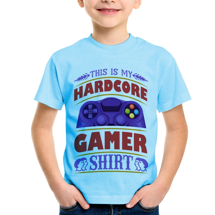 Camiseta Infantil Hardcore Gamer - Azul Bebê