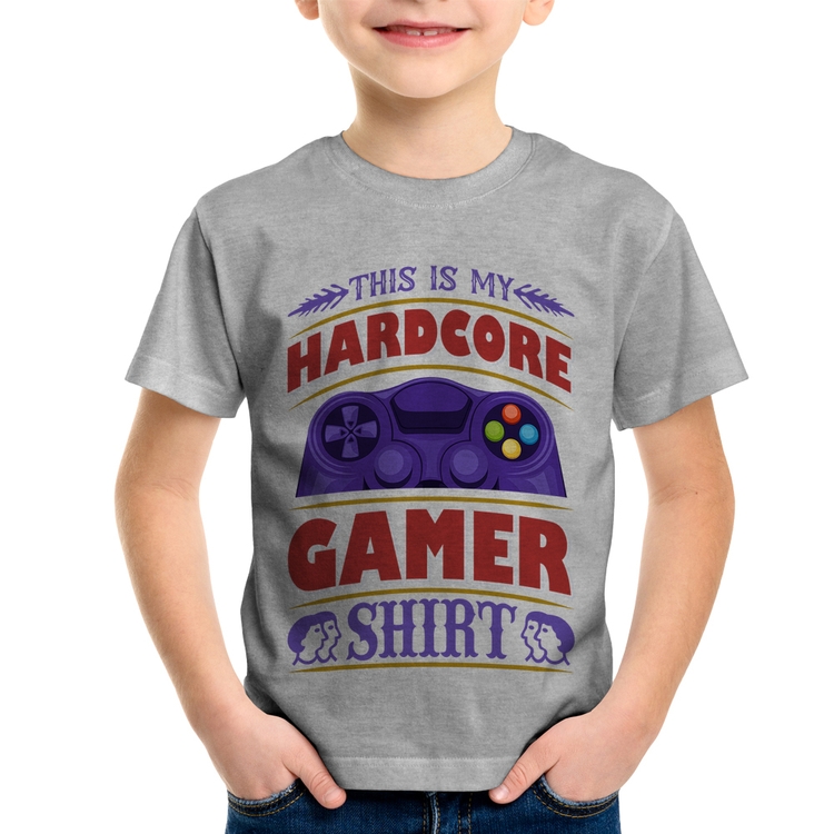 Camiseta Infantil Hardcore Gamer - Cinza