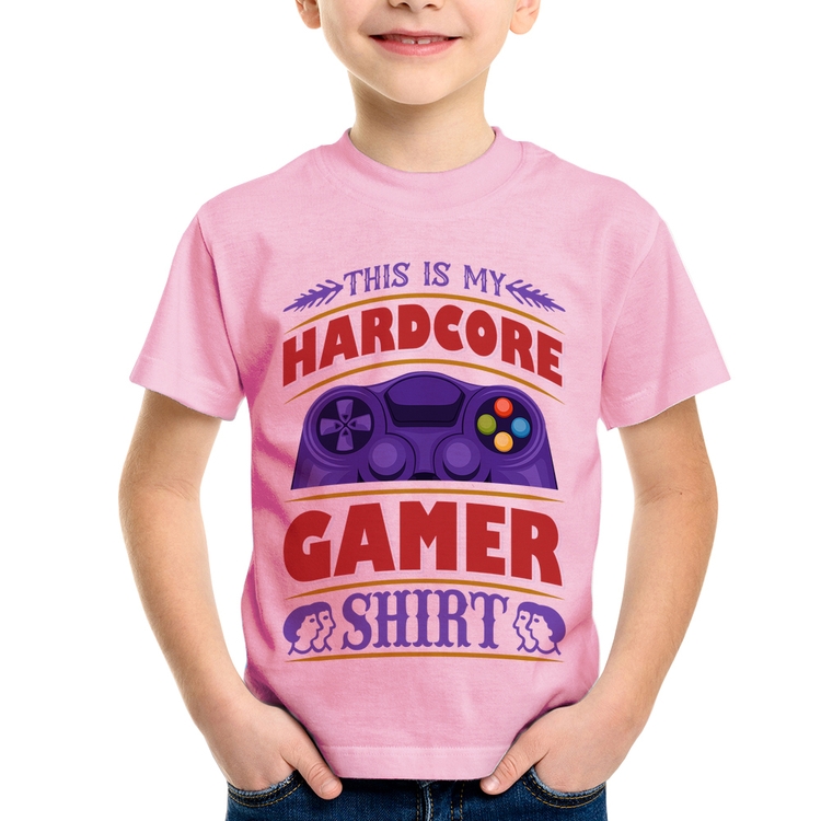 Camiseta Infantil Hardcore Gamer - Rosa Bebê