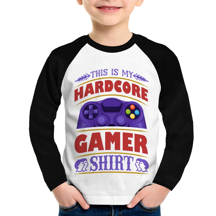Camiseta Raglan Infantil Hardcore Gamer Manga Longa