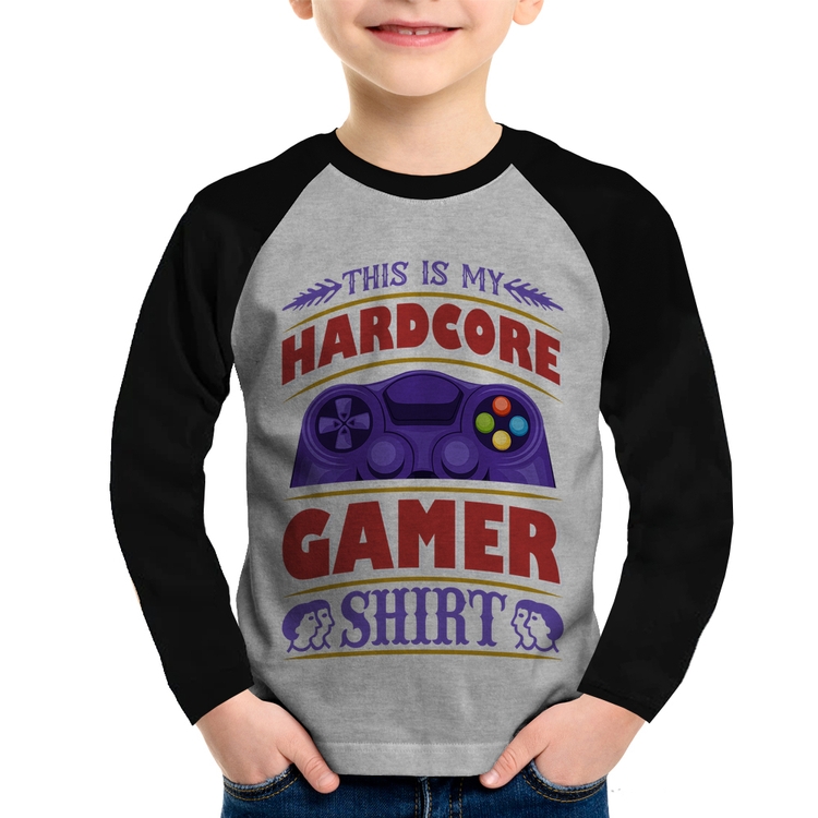 Camiseta Raglan Infantil Hardcore Gamer Manga Longa - Cinza/Preto