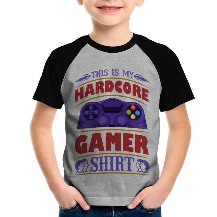 Camiseta Raglan Infantil Hardcore Gamer - Cinza/Preto