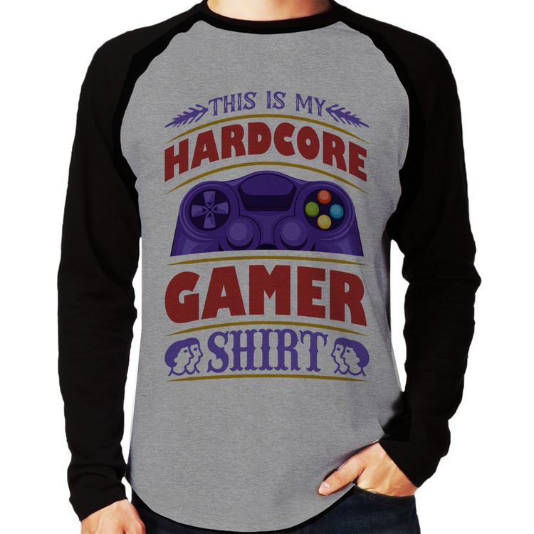 Camiseta Raglan Hardcore Gamer Manga Longa - Cinza/Preto