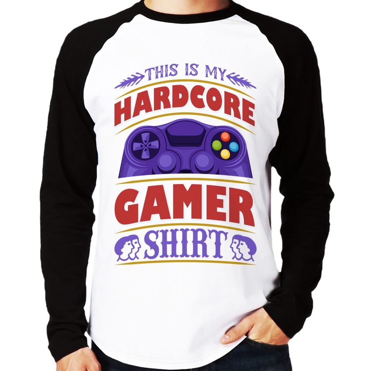 Camiseta Raglan Hardcore Gamer Manga Longa