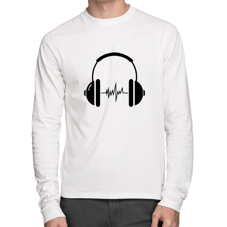 Camiseta Algodão Headphone Batimentos Manga Longa - Branca