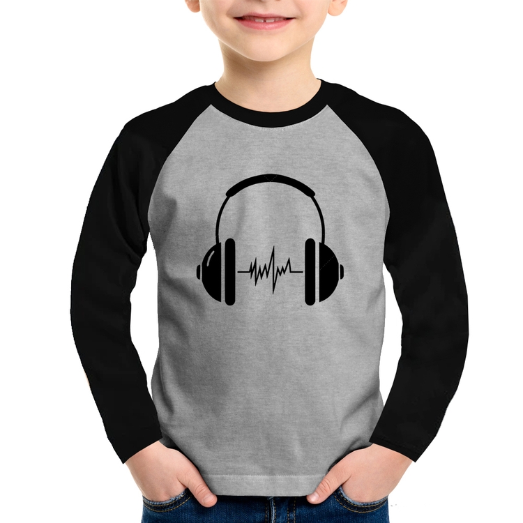 Camiseta Raglan Infantil Headphone Batimentos Manga Longa - Cinza/Preto