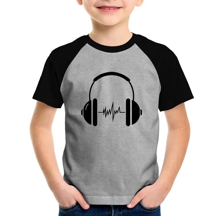 Camiseta Raglan Infantil Headphone Batimentos - Cinza/Preto