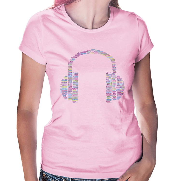 Baby Look Headphone Palavras - Rosa Bebê