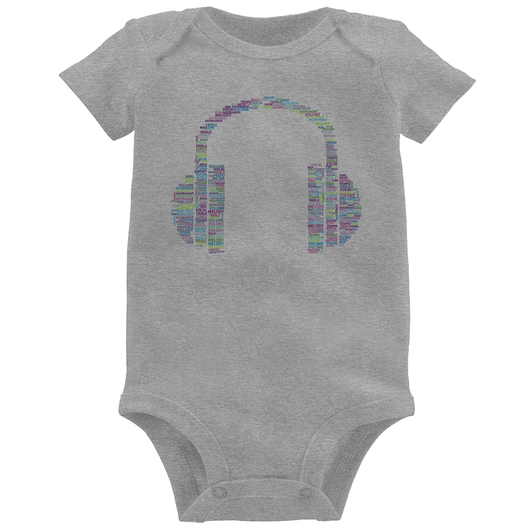 Body Bebê Headphone Palavras - Cinza