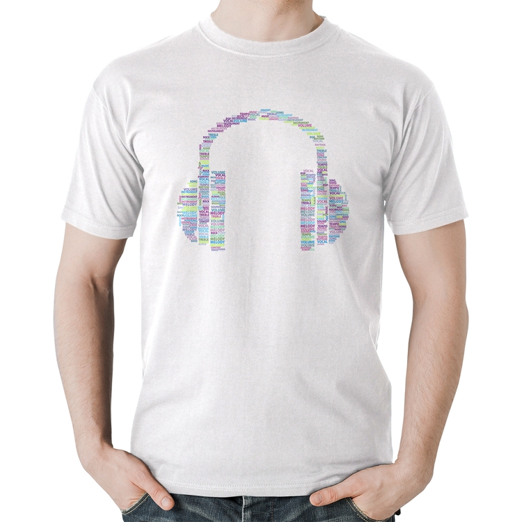 Camiseta Algodão Headphone Palavras - Branca