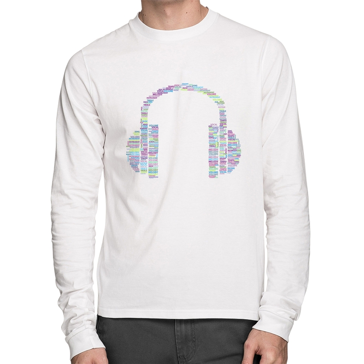 Camiseta Algodão Headphone Palavras Manga Longa - Branca