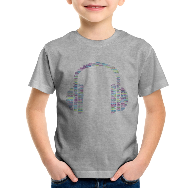 Camiseta Infantil Headphone Palavras - Cinza