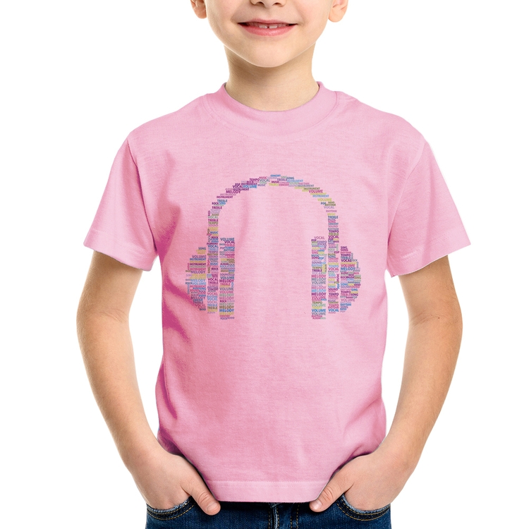Camiseta Infantil Headphone Palavras - Rosa Bebê