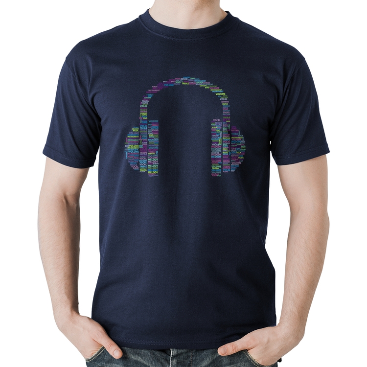 Camiseta Algodão Headphone Palavras - Marinho