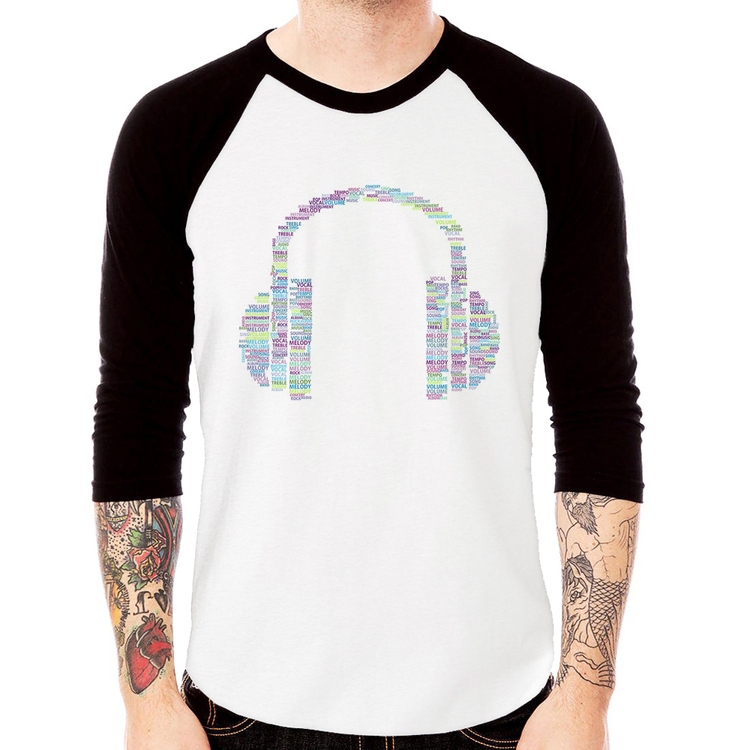 Camiseta Raglan Headphone Palavras Manga 3/4