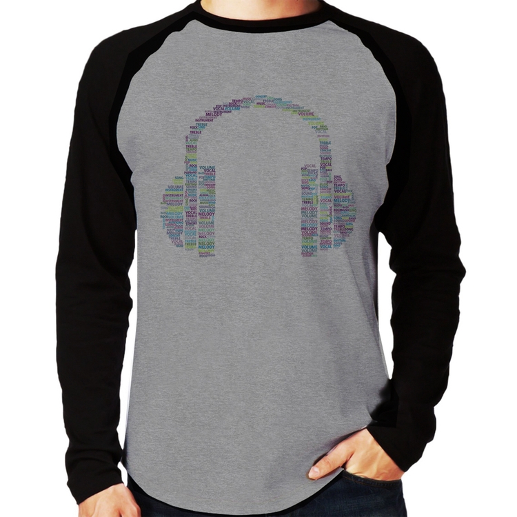 Camiseta Raglan Headphone Palavras Manga Longa - Cinza/Preto