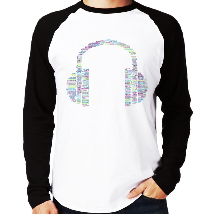 Camiseta Raglan Headphone Palavras Manga Longa