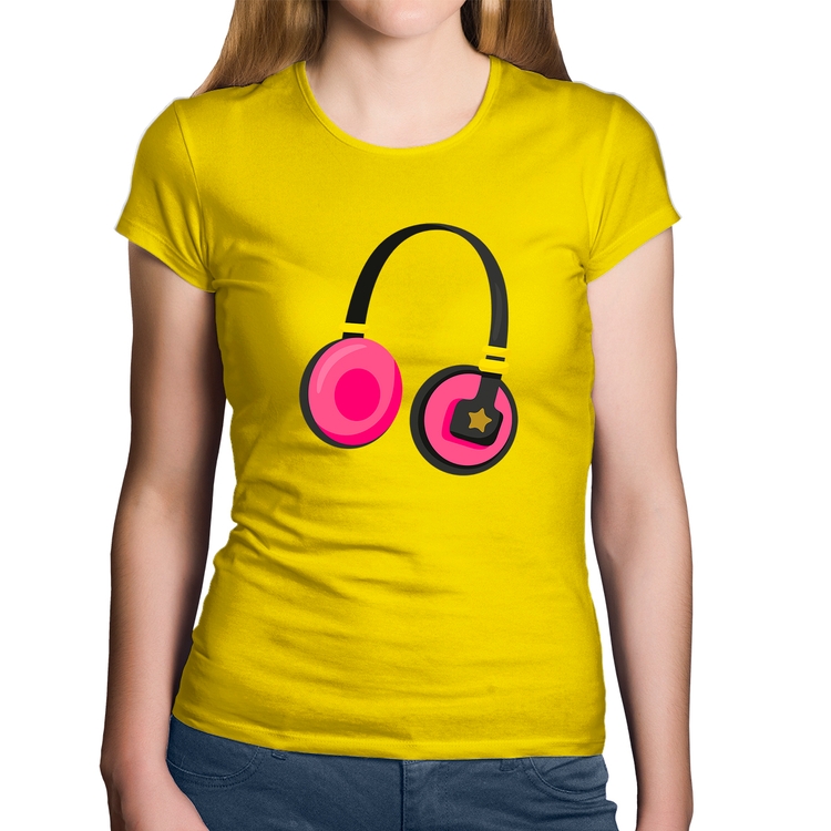 Baby Look Algodão Headphone Rosa - Amarela