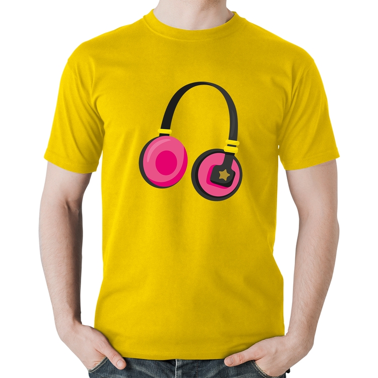 Camiseta Algodão Headphone Rosa - Amarela