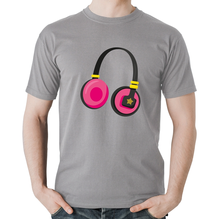 Camiseta Algodão Headphone Rosa - Cinza