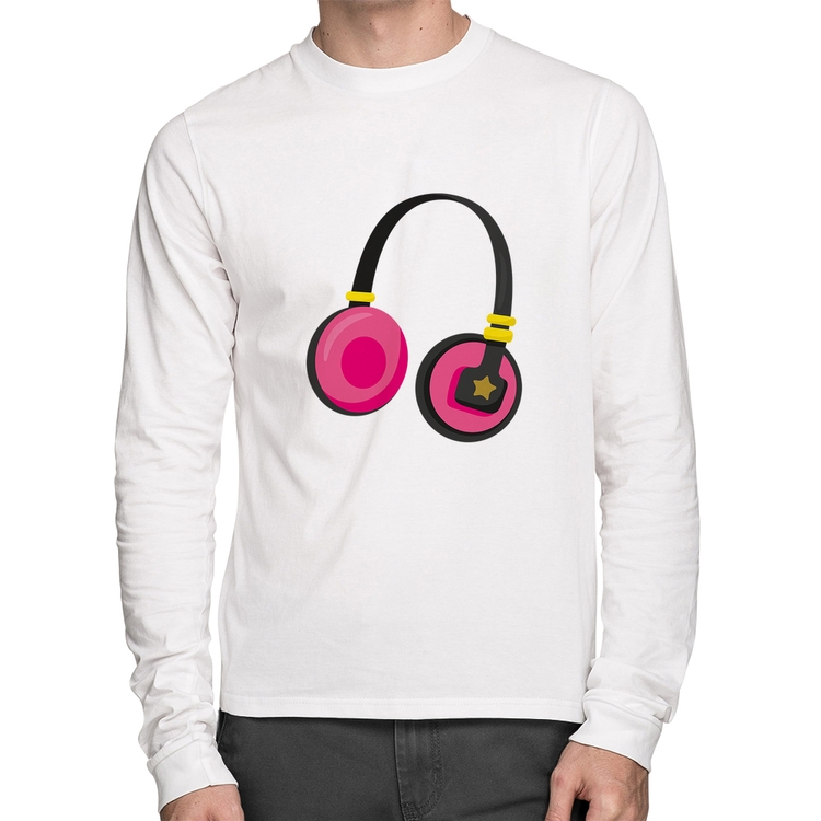 Camiseta Algodão Headphone Rosa Manga Longa - Branca