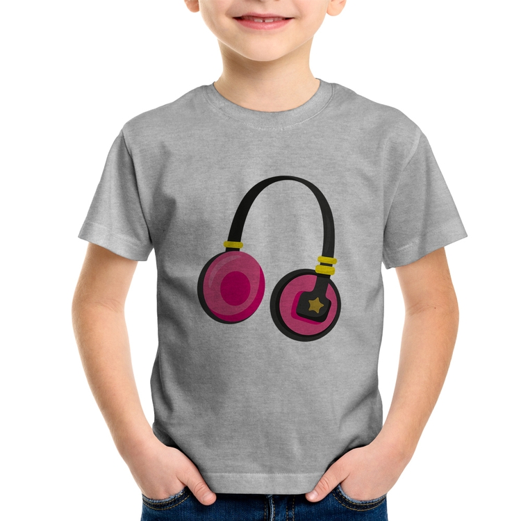 Camiseta Infantil Headphone Rosa - Cinza