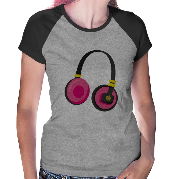 Baby Look Raglan Headphone Rosa - Cinza/Preto