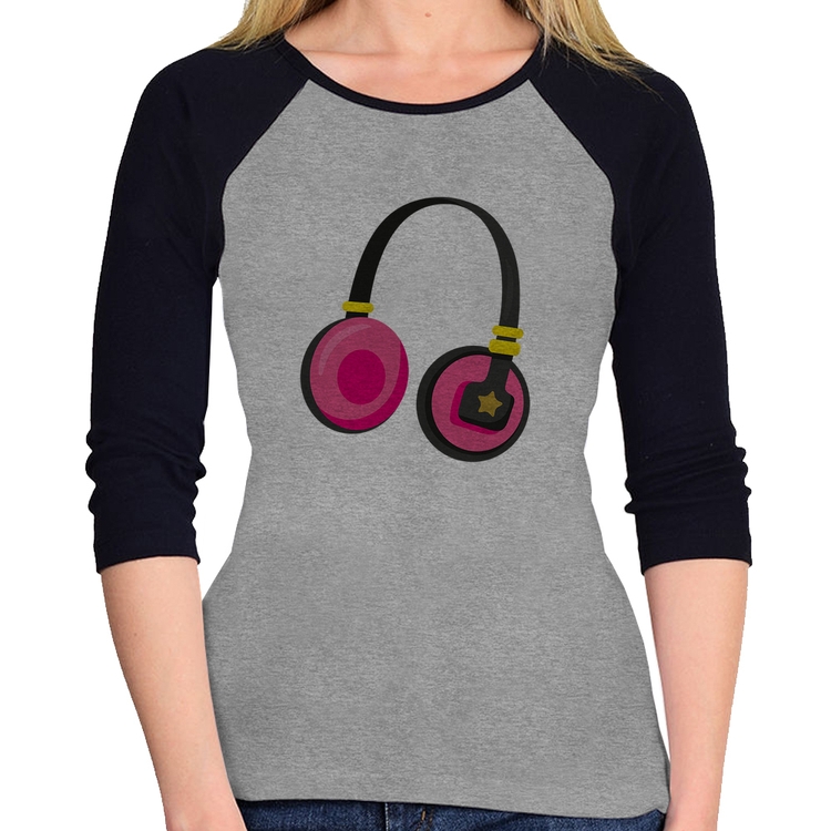 Baby Look Raglan Headphone Rosa Manga 3/4 - Cinza/Preto