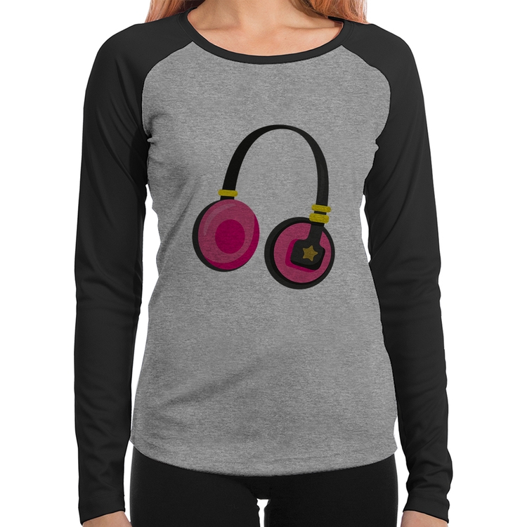 Baby Look Raglan Headphone Rosa Manga Longa - Cinza/Preto