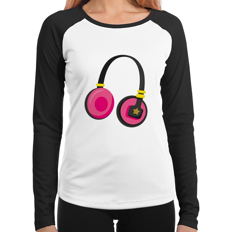 Baby Look Raglan Headphone Rosa Manga Longa