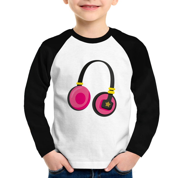 Camiseta Raglan Infantil Headphone Rosa Manga Longa